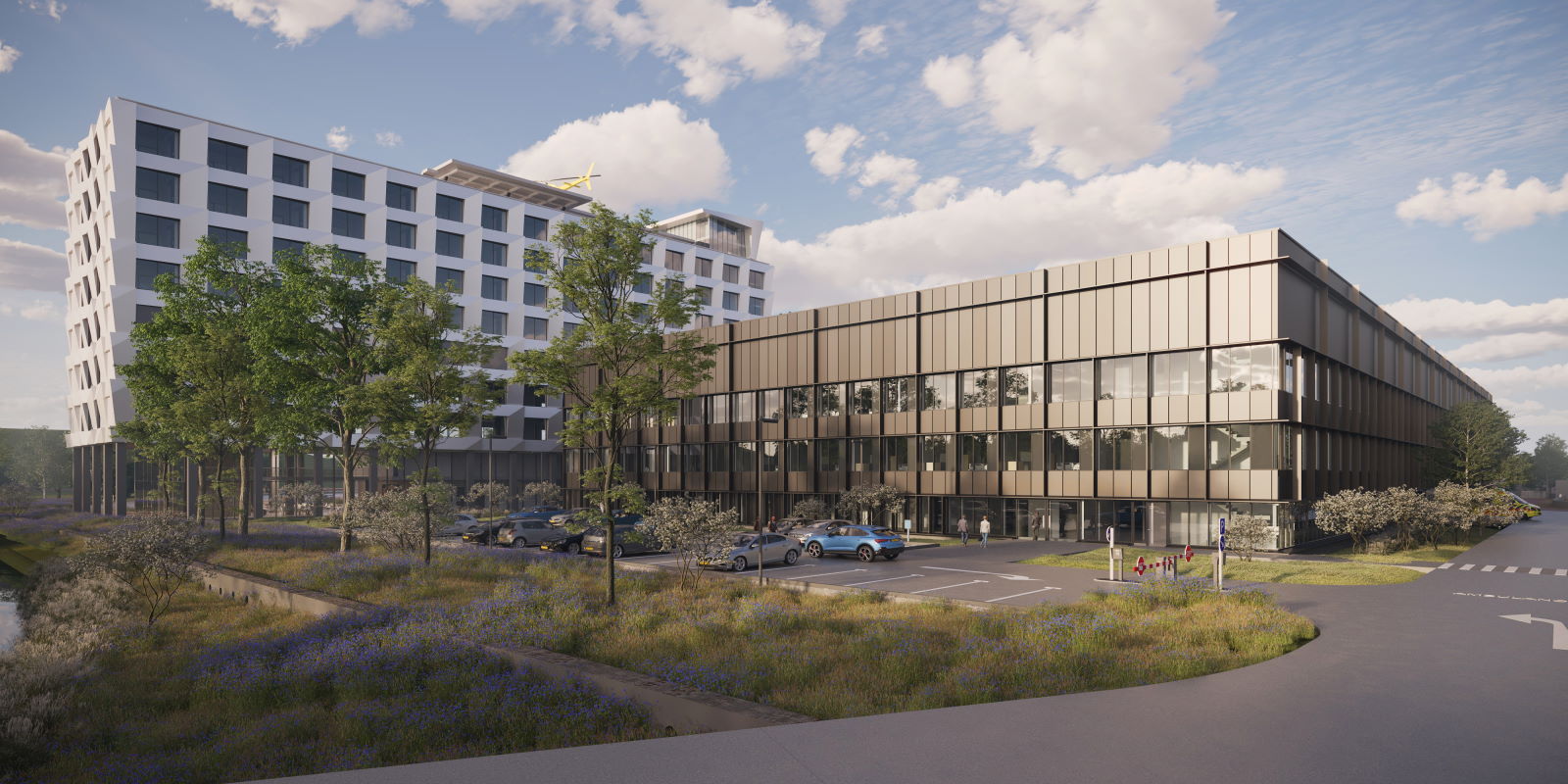 Artist impression van het nieuwe acuut centrum (rechts) en het kliniekgebouw.