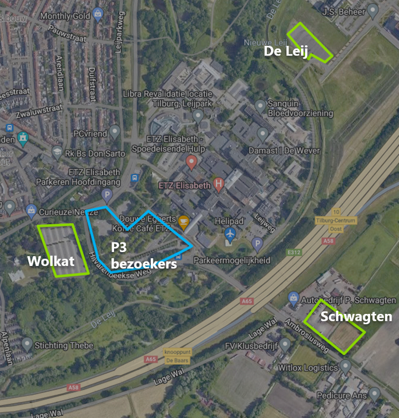 Locaties parkeerterrein P3, Schwagten, Wolkat en De Leij.