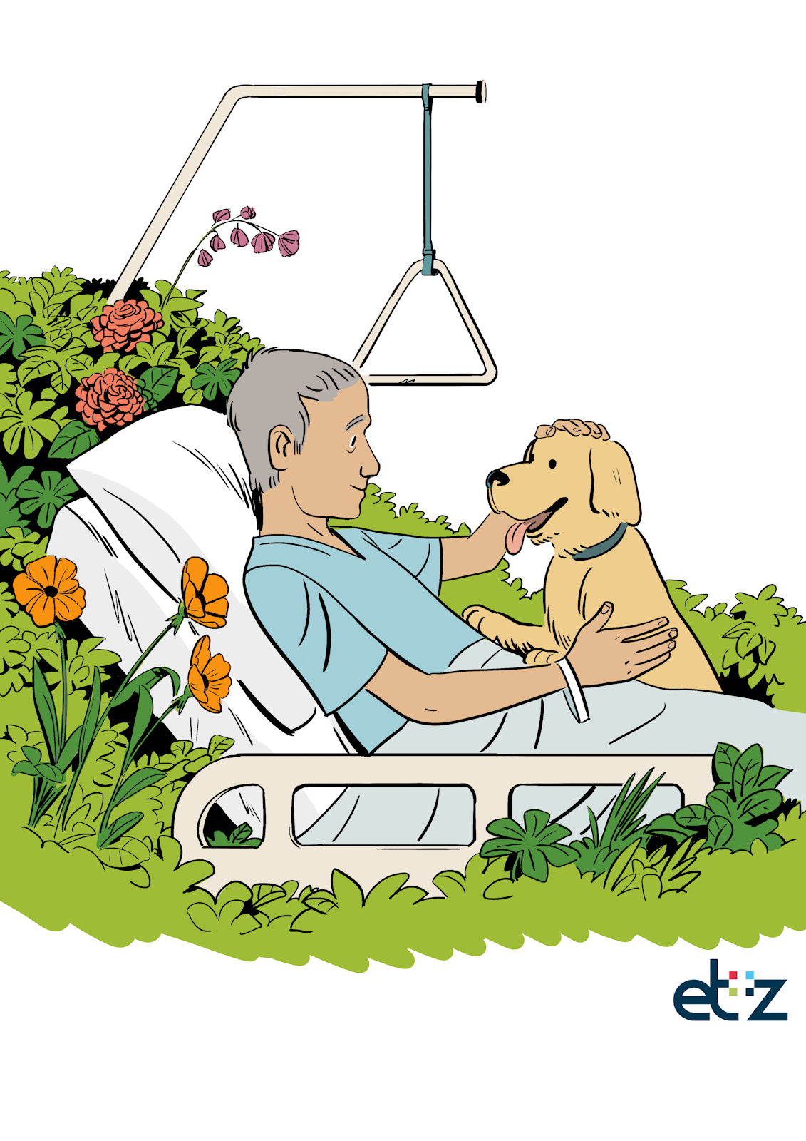 Illustratie van een patiënt in een ziekenhuisbed die omringd is door weelderig groen en bloeiende planten. De man aait een vrolijke golden retriever die op het bed zit. Het geheel ademt een warme, natuurlijke sfeer uit, alsof het ziekenhuis en de natuur in elkaar overlopen. Rechtsonder staat het ETZ-logo.
