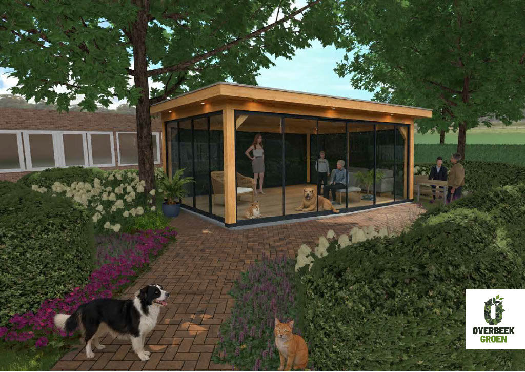 Architectuurimpressie van een lichte, moderne tuinkamer met houten constructie en grote glazen puien, verscholen tussen volwassen bomen en bloeiende planten.