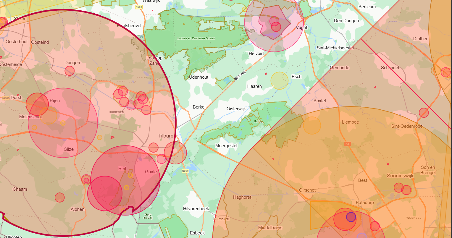 Een kaart van de verschillende no fly zones rondom Tilburg
